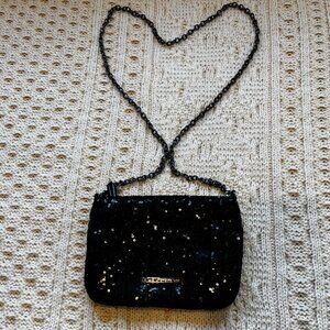 New BCBGeneration black sequin crossbody evening bag with brass-look chain